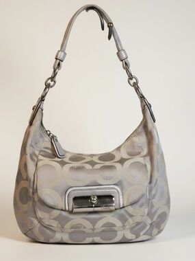 Coach Kristin Op Art Signature Leather Grey Canvas Hobo Shoulder Bag Purse Bouti